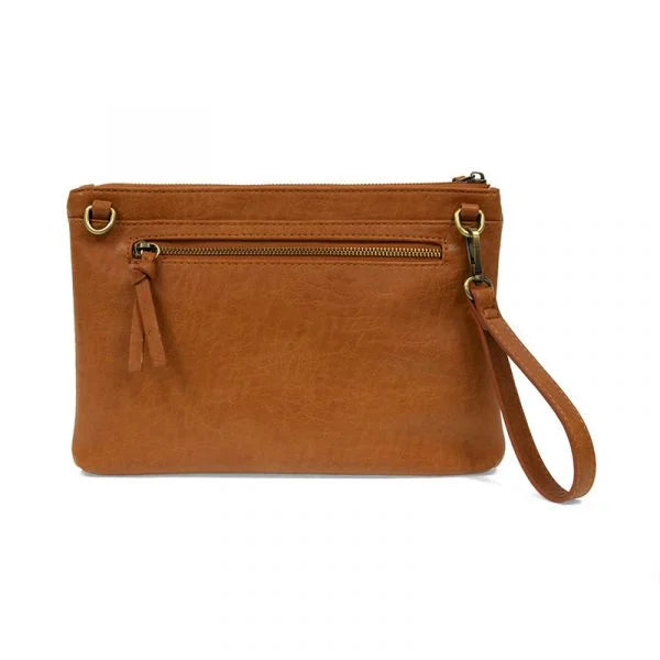 Tan leather clutch bag featuring zip closure and removable wristlet strap from Quinn