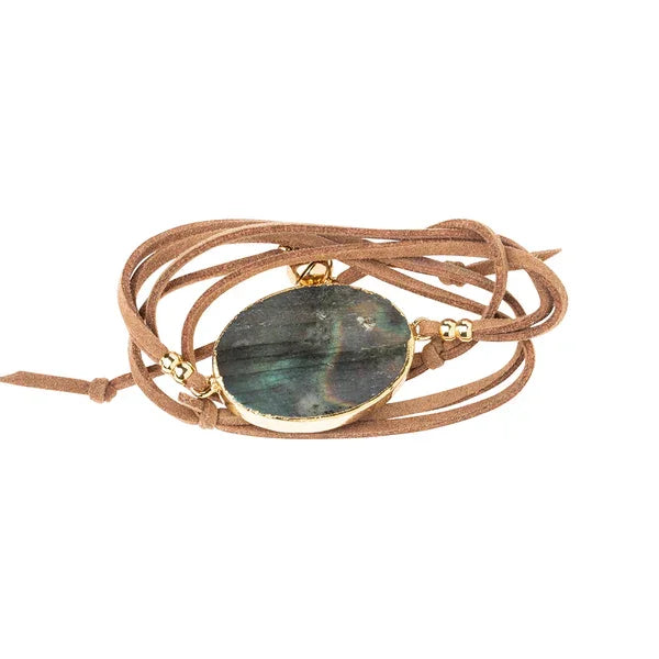 Vegan suede wrap bracelet with semi precious green stone and magnetic clasp centerpiece