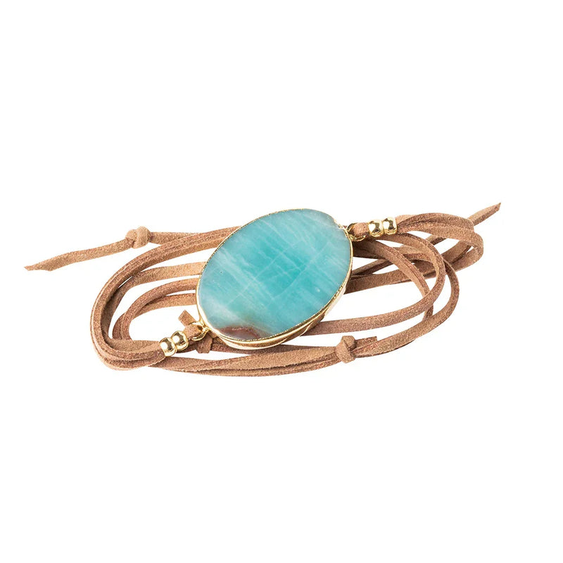 Vegan suede leather wrap bracelet with oval turquoise stone and magnetic clasp detail