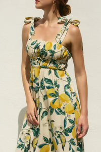 Lemon-patterned Lydia Ribbed Tie Maxi Dress with tie straps perfect for summer style