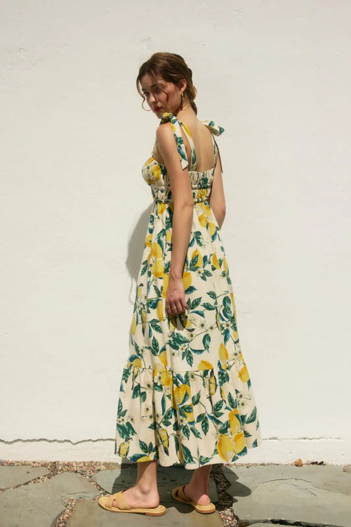 Lemon-print Lydia Ribbed Tie Maxi Dress displayed as a stylish tie maxi dress alternative