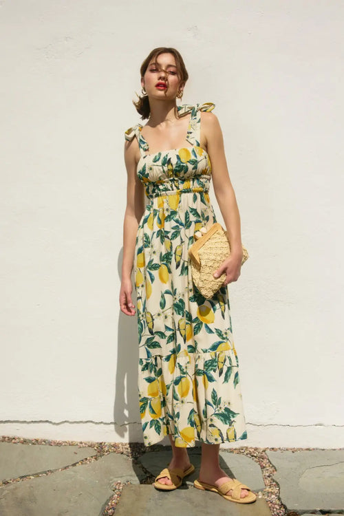 Lydia Ribbed Tie Maxi Dress with Lemon Print and Straw Clutch for Summer Style