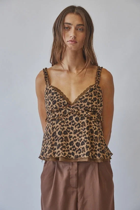 Lace Ruffle Cami Tank Top featuring leopard print with lace trim and brown pleated pants