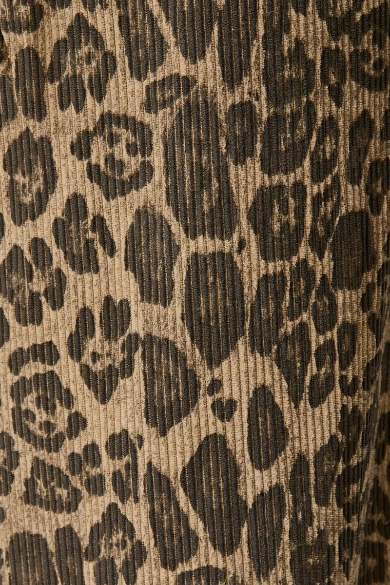 Leopard print corduroy draw string waist pants in earth tones