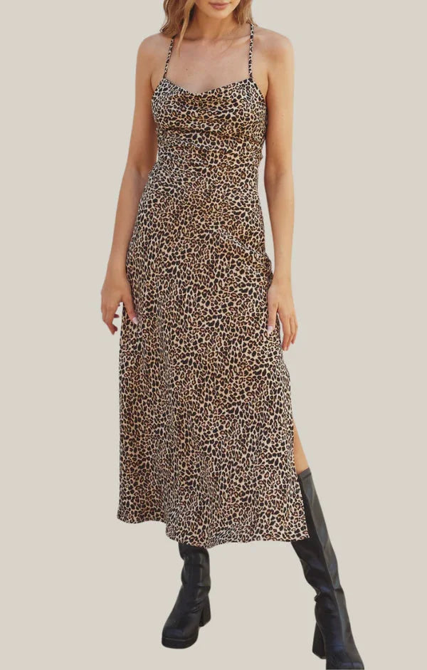 Aida Natural Animal Printed Midi Dress featuring stylish leopard print design