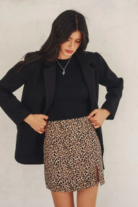 Leopard print mini skirt with slit from Shop Daisy, ideal for women’s boho chic clothing