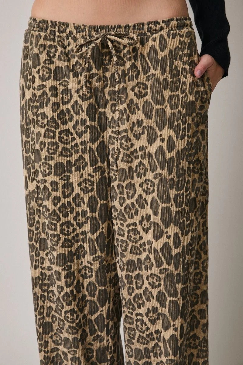 Leopard print draw string waist corduroy pants with elastic waistband and pockets