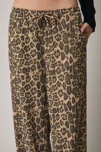 Leopard print draw string waist corduroy pants with elastic waistband and pockets