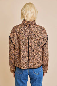 Leopard print puffer jacket with a black zipper, stylish drop shoulder animal print jacket