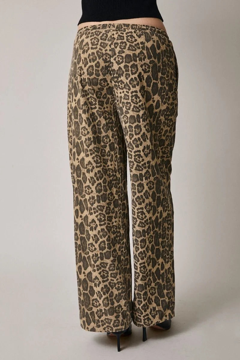 Leopard print draw string waist wide-leg pants with black lining