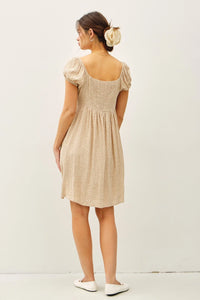 Light beige floral print mini dress with puff sleeves, ideal for women’s boho chic clothing