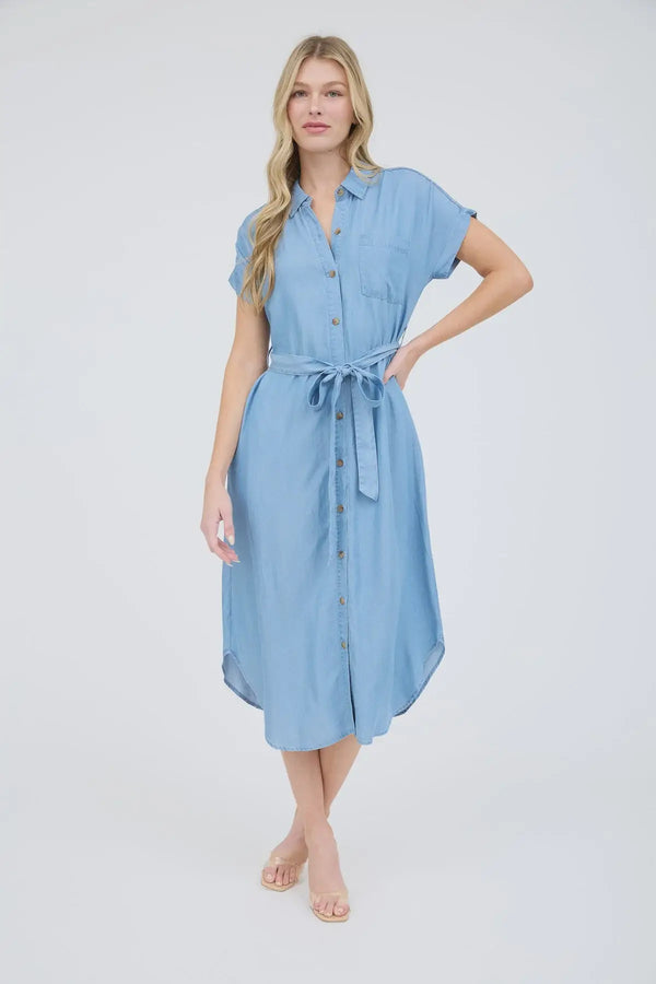 Light blue belted shirt dress for women’s boho chic clothing from Shop Daisy
