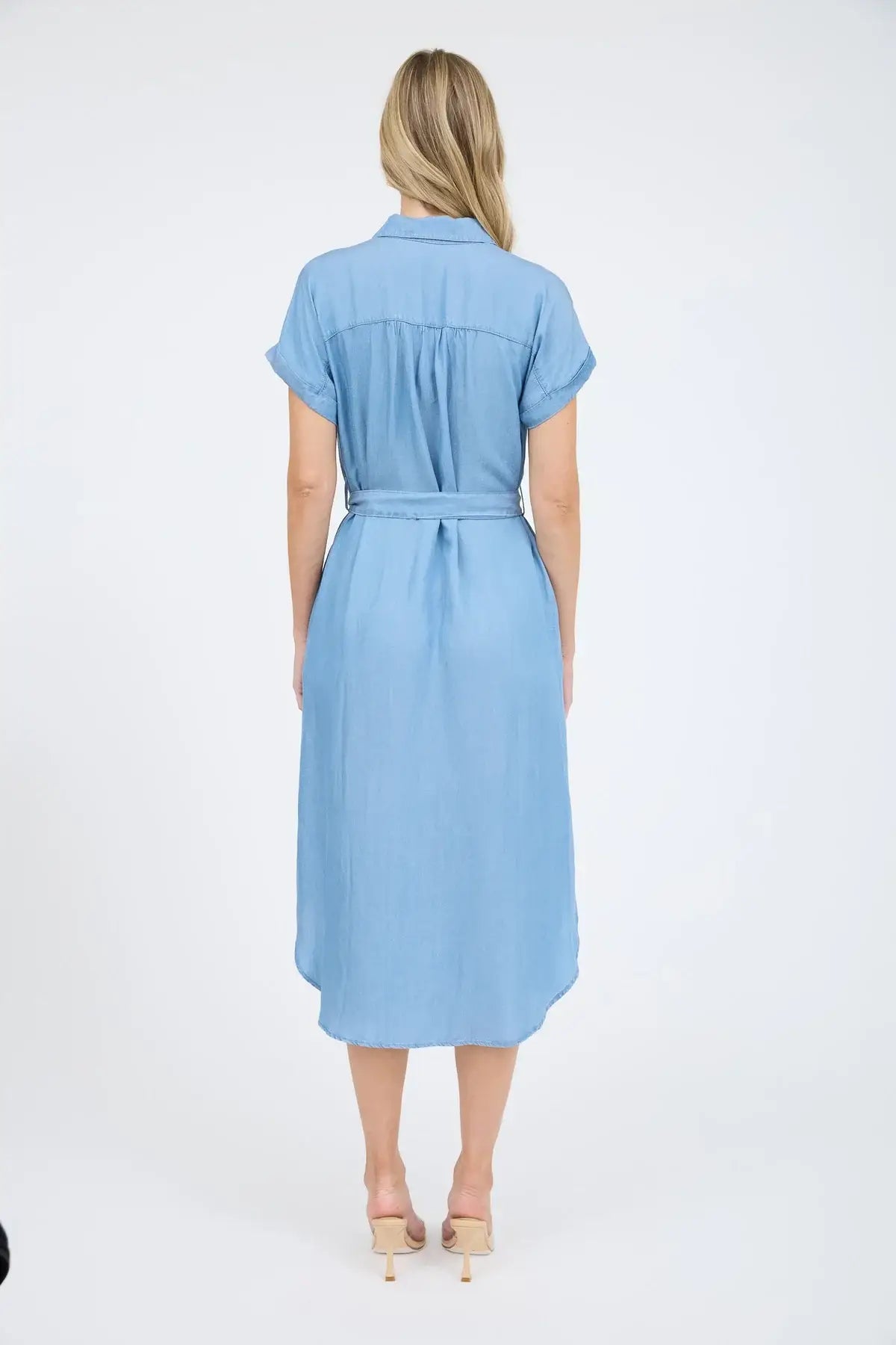 Light blue belted midi shirt dress perfect for women’s boho chic clothing from Shop Daisy