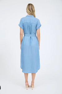 Light blue belted midi shirt dress perfect for women’s boho chic clothing from Shop Daisy