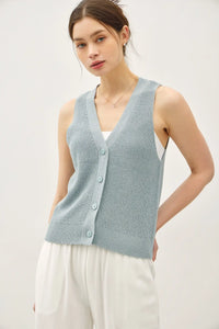 Light blue lightweight knit V-neck button-up vest, perfect for womens boho clothes and summer knit styles
