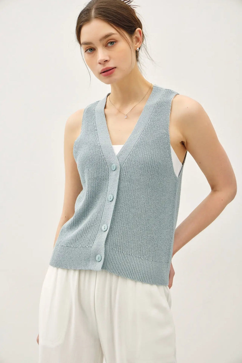 Light blue lightweight knit V-neck button-up vest, perfect for womens boho clothes and summer knit styles