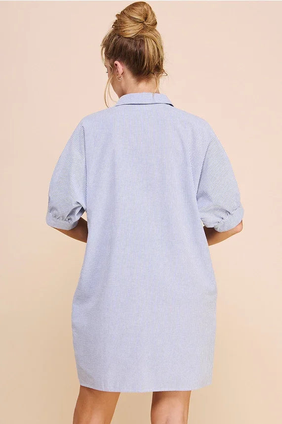 Light blue striped cotton blend breezy shirt dress with short sleeves for casual wear