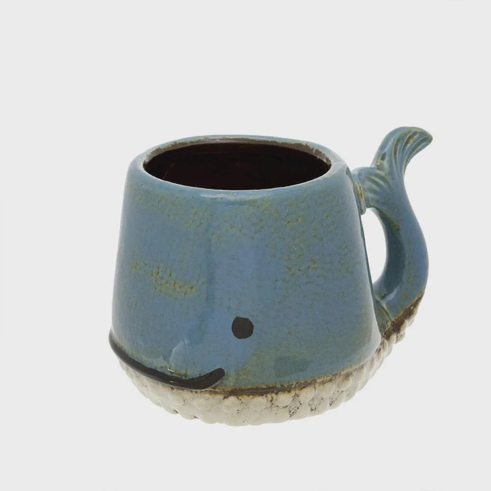 Light blue Whale Mug with tail handle, perfect for a boho, flowy look