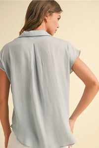 Light blue collared BUTTON DOWN CAP SLEEVE SHIRT, a flattering cap sleeve shirt design