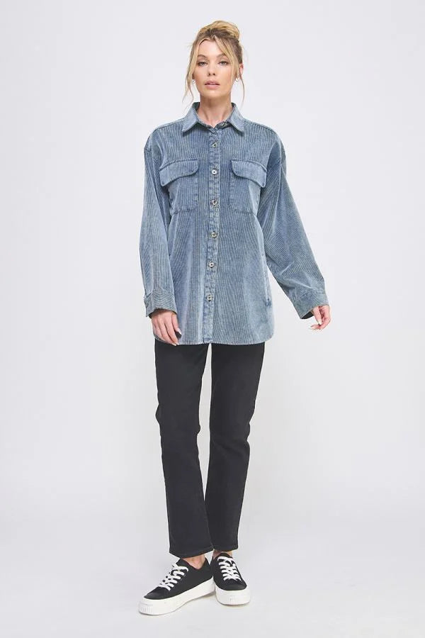 Light blue corduroy shacket with collared button-down design for stylish casual wear