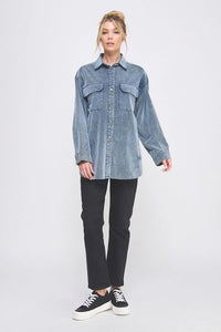 Light blue corduroy shacket with collared button-down design for stylish casual wear
