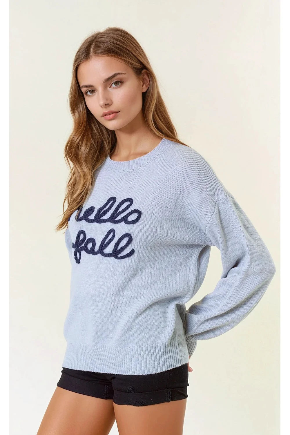 Light blue fall letter embroidered sweater with hello fall embroidery on front