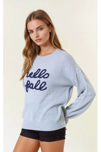Light blue fall letter embroidered sweater with hello fall embroidery on front