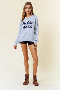 Light blue crewneck sweatshirt with fall letter embroidered hello fall design