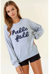 Light blue fall letter embroidered sweater with hello fall embroidery on front