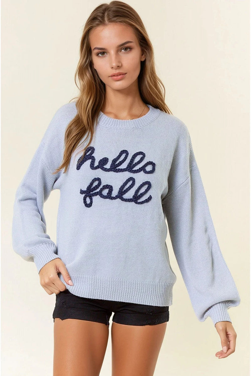 Light blue fall letter embroidered sweater with hello fall embroidery front view