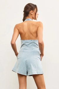 Light blue denim romper with halter neck button closure in VEST ROMPER style