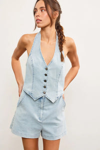 Light blue denim halter neck button closure vest romper set for women