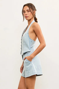 Light blue denim halter neck button closure vest romper with stylish shorts set