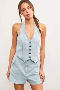 Light blue denim halter neck button closure vest romper with shorts set for stylish summer wear