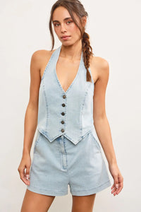 Light blue denim halter neck button closure vest romper set for women