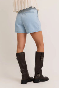 Light blue pleated high waisted denim shorts perfect for summer fashion styles