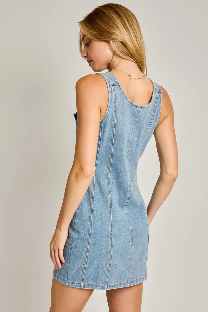 Light blue denim mini dress from Shop Daisy, perfect for women’s boho chic clothing