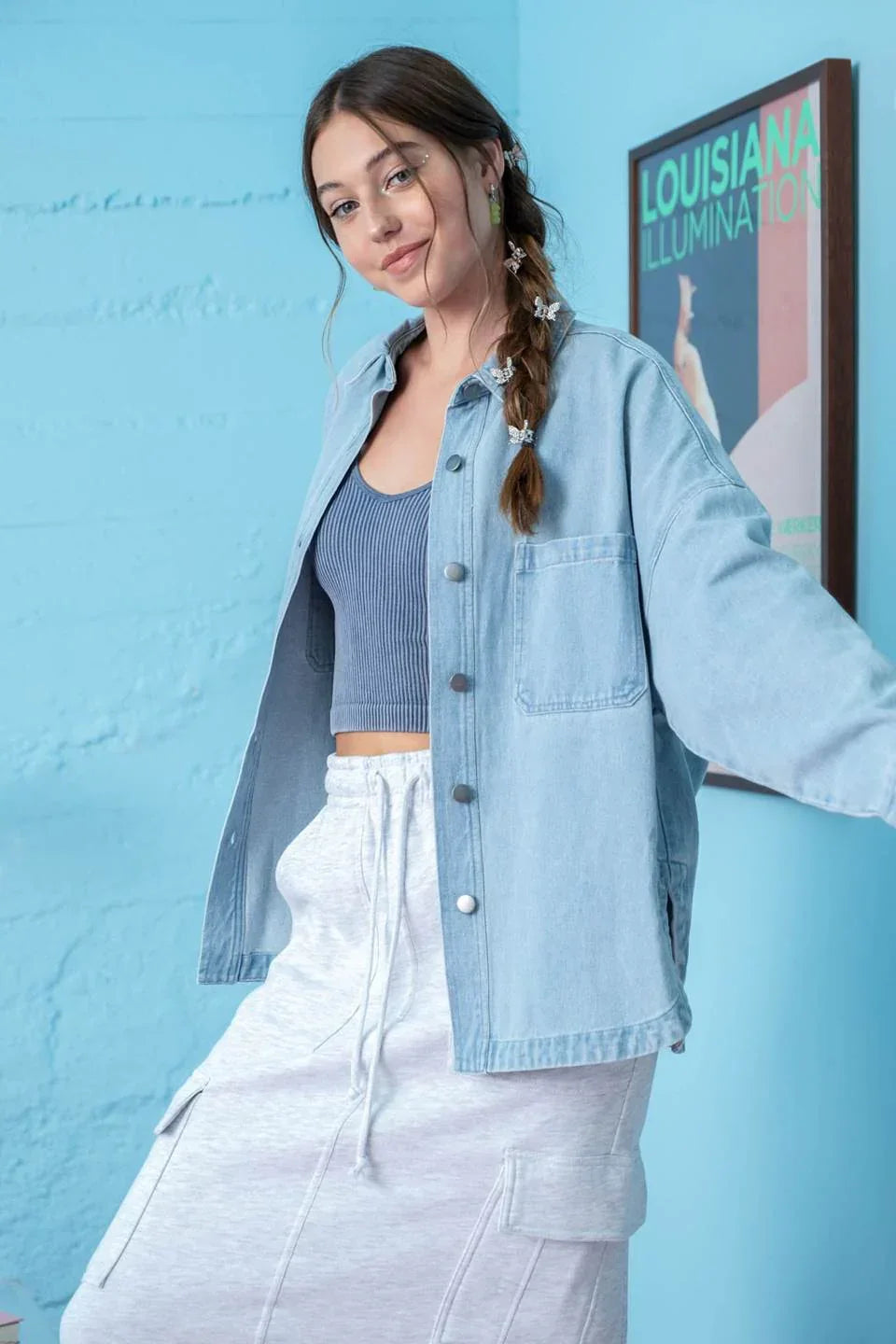 Light blue SOLID DENIM shacket featuring front pockets and button closures for women