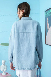 Light blue SOLID DENIM shacket with dropped shoulders, perfect for women’s boho chic clothing