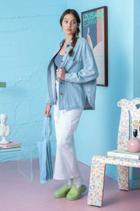 Light blue oversized Solid Denim Shacket, a stylish addition to women’s boho chic clothing