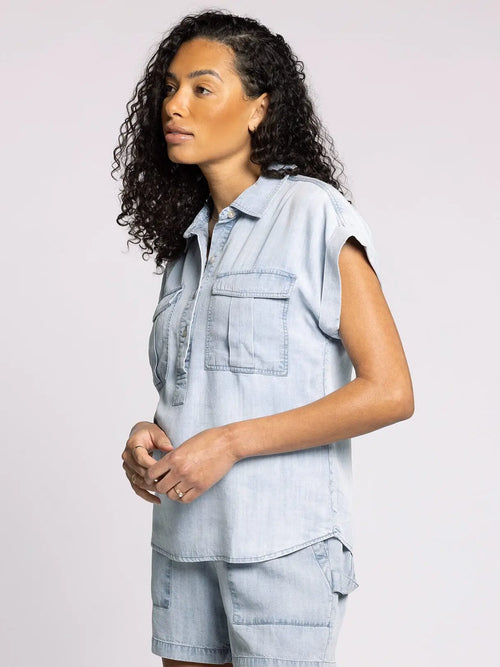 Light blue denim shirt and shorts set with flap pockets, Tencel fabric, fits sizes well