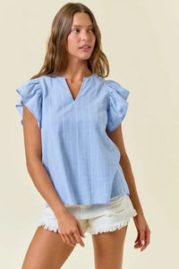 Light blue flutter-sleeve blouse from SPLIT V-NECK BUTTERFLY SLEEVE BLOUSE, perfect for women’s boho chic clothing at Shop Daisy