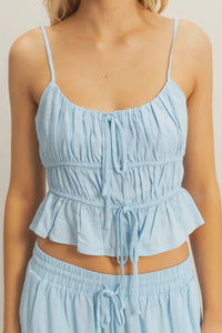 Light blue gathered camisole top from Shop Daisy in women’s boho chic clothing collection