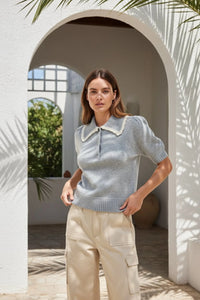 Light blue collared puff short sleeve sweater with white Peter Pan collar