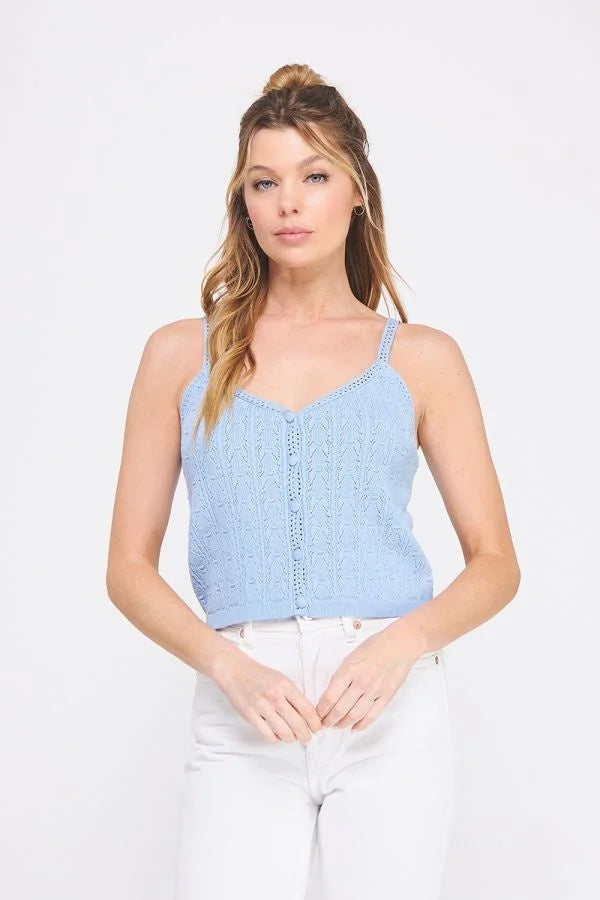 Light blue Piontelle Knit V Neck Tank Top from Shop Daisy, perfect for women’s boho chic clothing