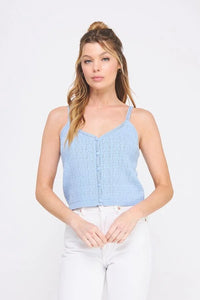Light blue Piontelle Knit V Neck Tank Top from Shop Daisy, perfect for women’s boho chic clothing
