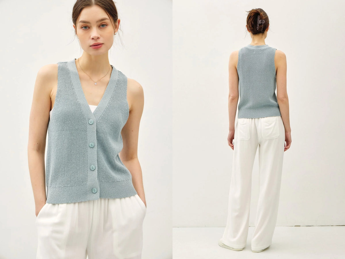 Light blue lightweight knit V-neck button-up vest, ideal for women’s boho clothes and summer knit fashion