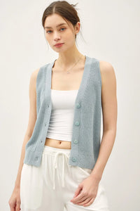 Light blue lightweight knit V-neck button-up vest, ideal for womens boho clothes and summer knit fashion