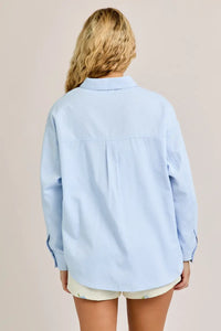 Light blue long-sleeved Striped Oversized Shirt from Shop Daisy for women’s boho chic clothing