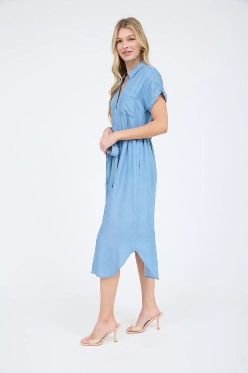 Light blue midi shirt dress, women’s boho chic clothing, shop Daisy style